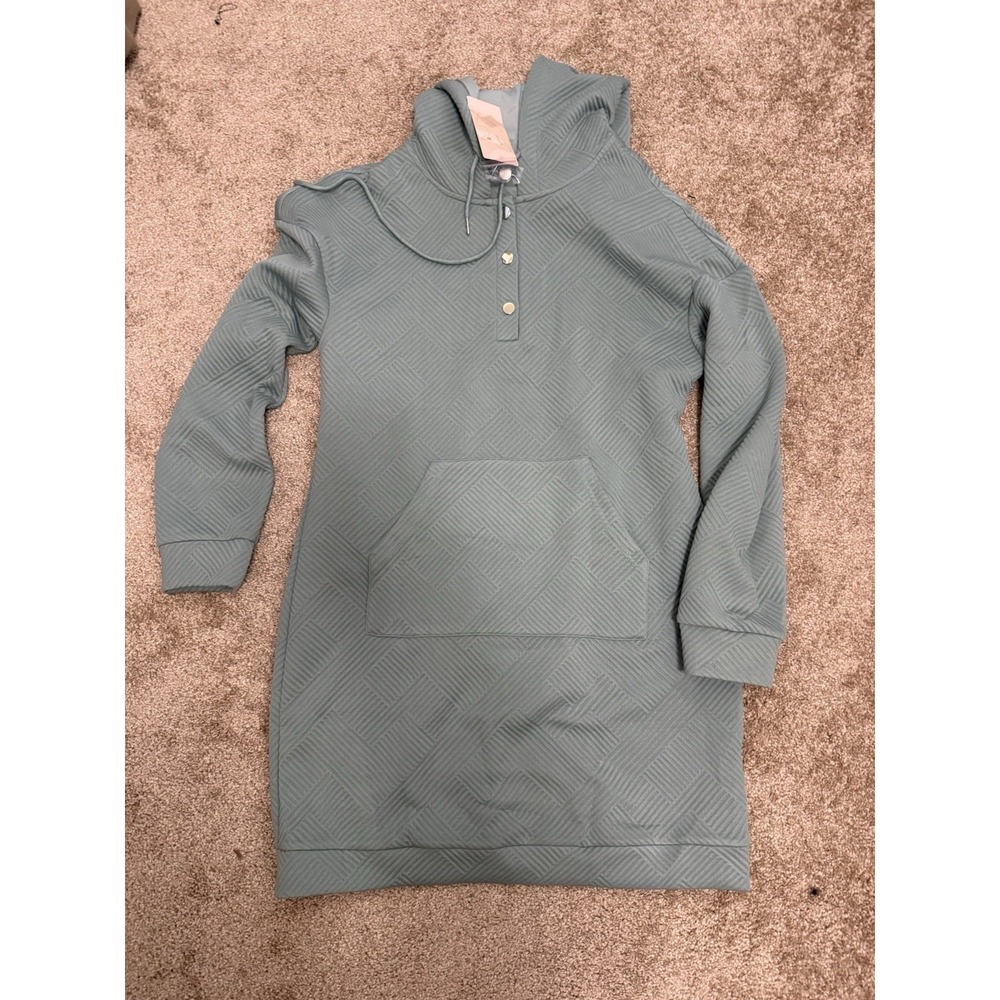Fashion Sage Green Quilted Hoodie Dress Henley Neck Kangaroo Pocket Large NWT